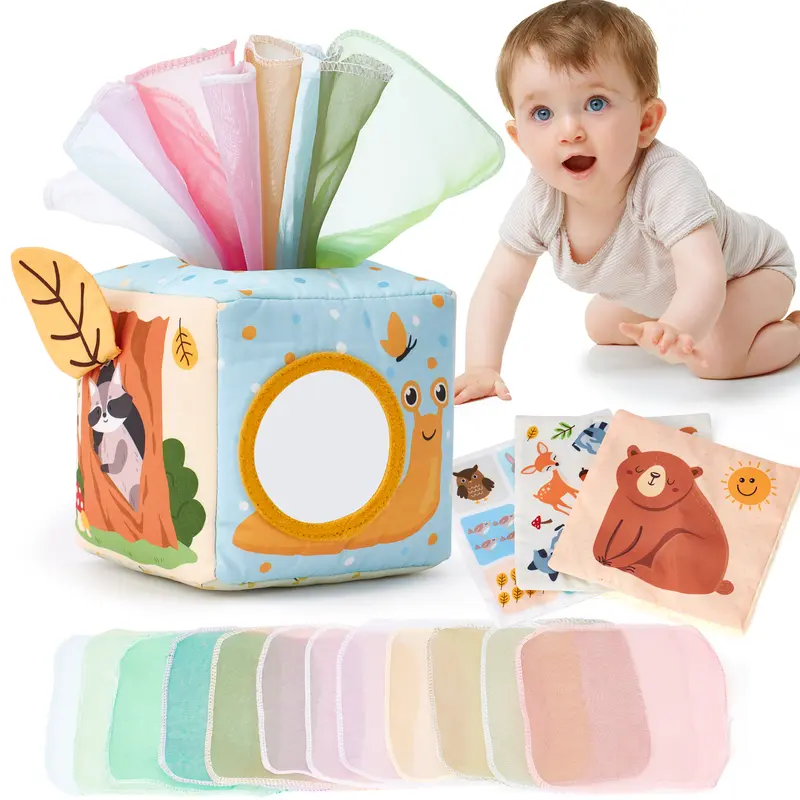 Hahaland Unisex Baby Tissue Set Toy with Silk Scarf Stuffers - 6-18 Months Sensory Pulling Play, Montessori Early Education Toys, Math Learning Blocks with Early Math Cues, Animals & Nature Themed, 9 Month Old/1 Year Old Christmas Gift Item
