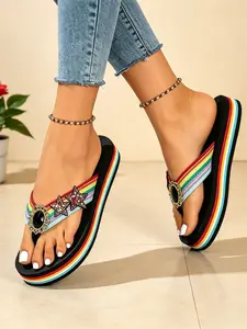 Summer Rainbow Thick Sole Sandals for Women, Rhinestone Star Wedge Flip Flops, Outdoor Anti-Slip Height Boost Beach Shoes