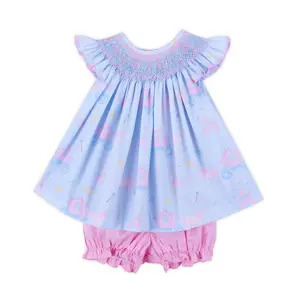Magical Princess Light Blue Smocked Angel Sleeve Bloomer Set - Girls Fairytale 2Pc Outfit
