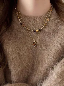 2pc Vintage Double-Layer Tiger Eye Pendant Necklace, Elegant Multi-Layer Clavicle Chain Jewelry for Women, Dainty Layering Jewelry, Gemstone Accessories for Daily & Party Wear, Exquisite Jewelry Gift