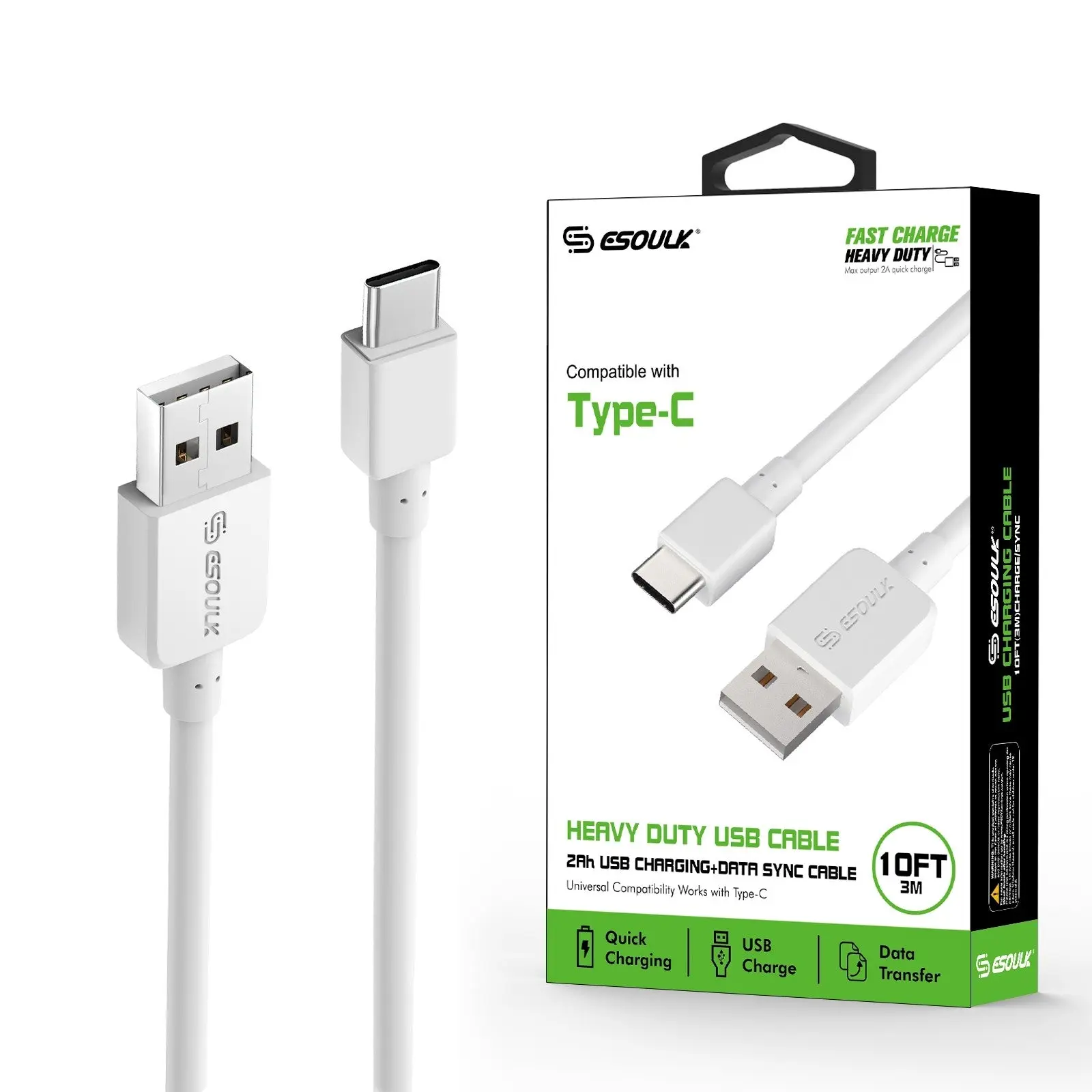 ESOULK 10FT Heavy Duty USB Cable 2A For Type-C