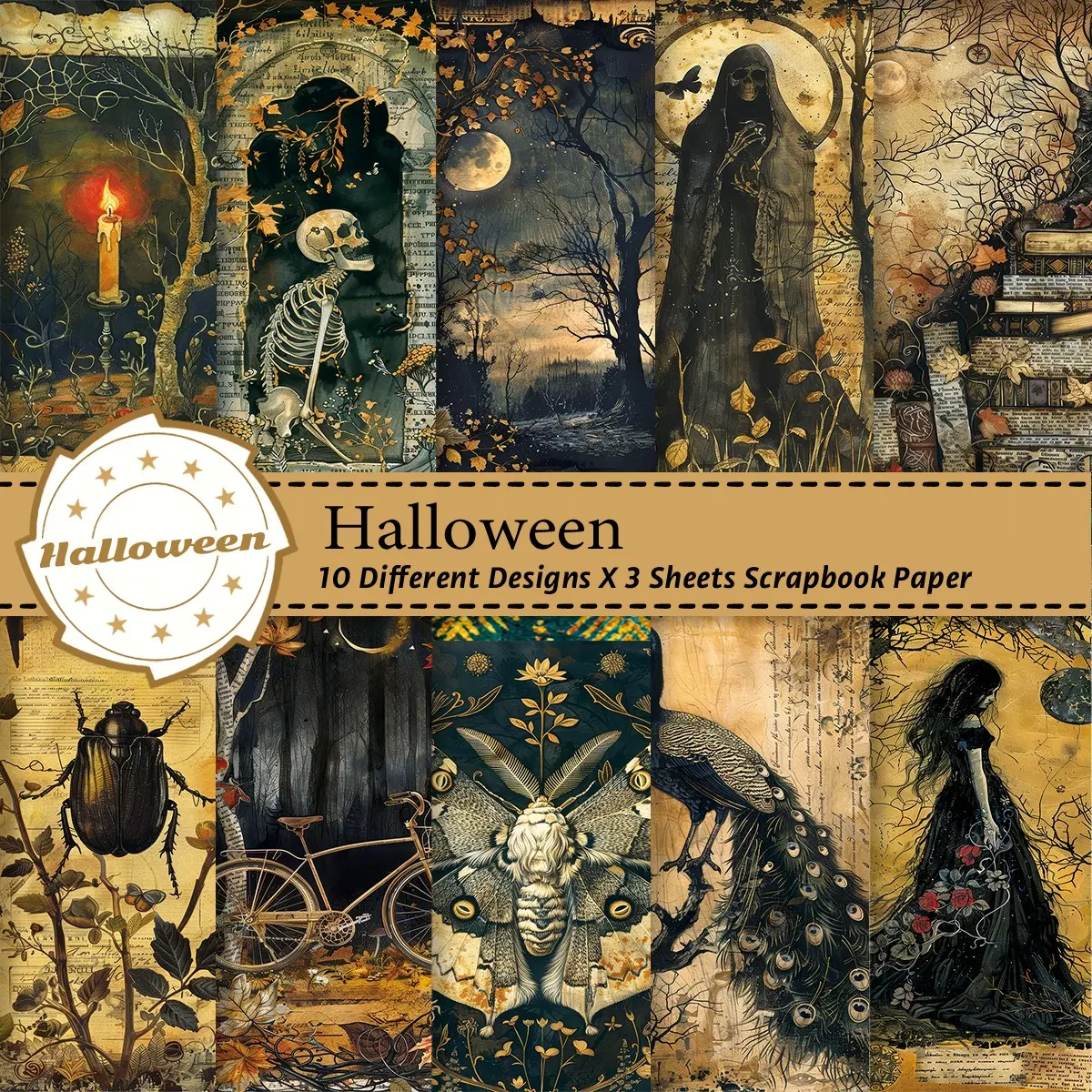 30 Sheets Vintage Gothic Scrapbook Paper, Halloween Party Decor, Handmade DIY Crafts, Autumn Forest Theme, Moonlight & Shadow Prints, Scrapbooking