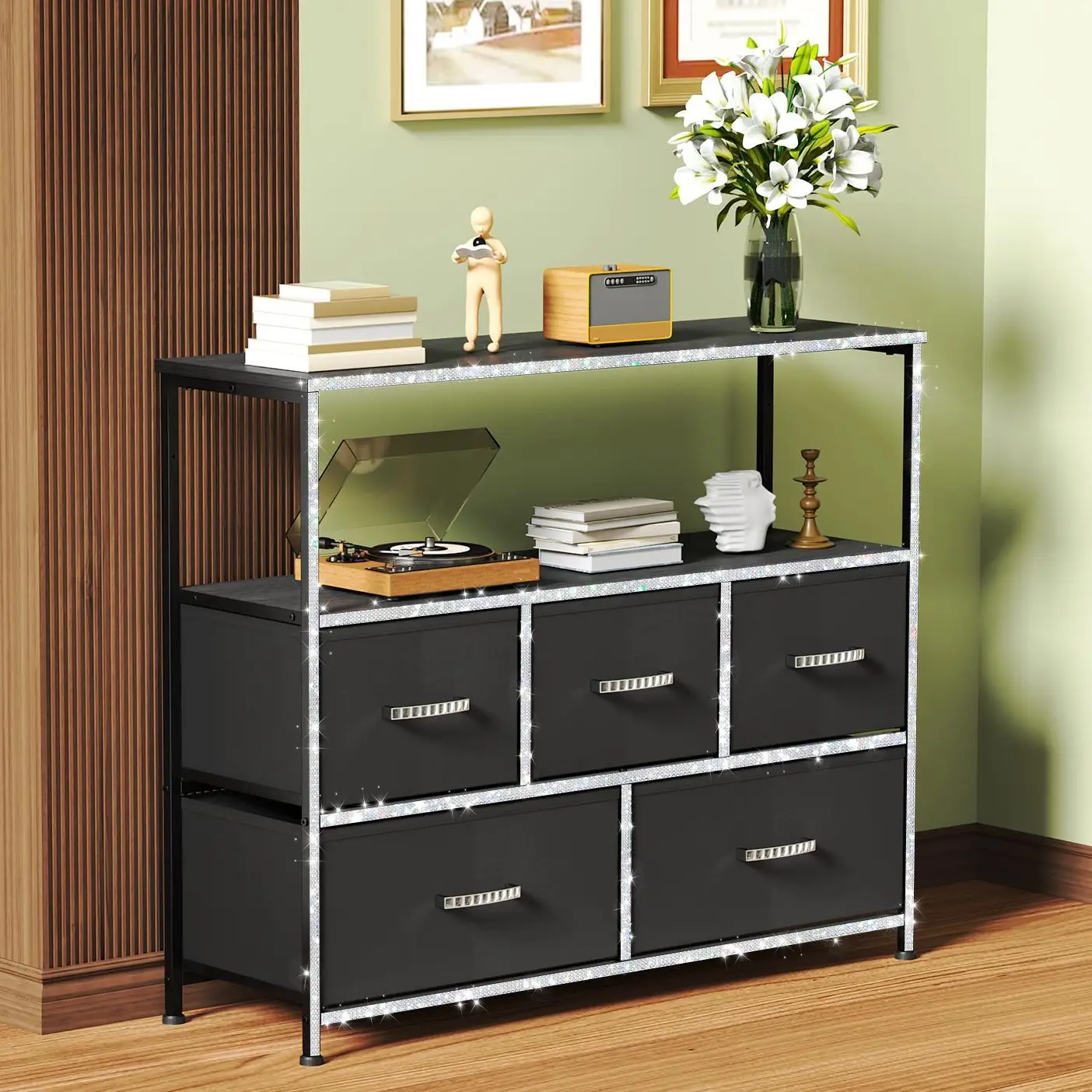 【Prime Day】Mr IRONSTONE Dresser TV Stand, Entertainment Center with 5 Fabric Drawers, Media Console Table for TV with Open Storage Shelf Dresser for B