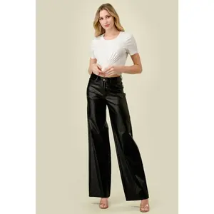 Bridget - Super Stretchy Faux Leather High Waisted Straight Leg Colored Pants Black Fashionable Women's Trousers