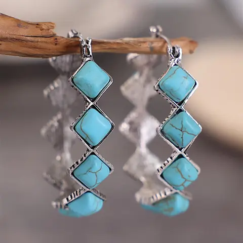 Women's Boho Style Turquoise Texture Design Hoop Earrings (1 Pair), Fashion Elegant Retro Hoop Earrings for Women & Girls, Trendy All-match Vintage Jewelry Accessories As Birthday Gift, Copper Craftsmanship, Bohemian Influence