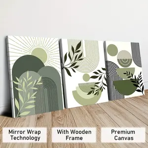 3 Counts Wooden Framed Canvas, Geometric Green Plant Art Poster, Perfect Living Room Decoration, Modern Art, Fashion Family Poster, Wall Art Decoration, High Definition, Waterproof, Artwork, Modern Floral Paintings