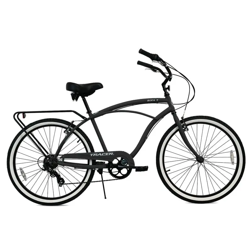 Tracer Bora Adults' 7-Speed Matte Black Spoke Alloy Wheels Cruiser Bike - 26-Inch White Wall Tires, Rear Rack, Durable, Easy Stopping