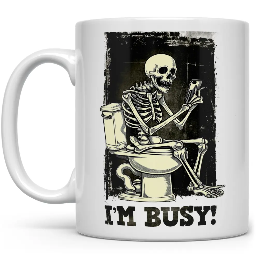 Glossy Ceramic Printed "I'm Busy" Funny Skeleton Coffee Mug - Washable Goth Aesthetic Drinkware, Sarcastic Office Gift for Coworkers, Unique Gift for Spouse