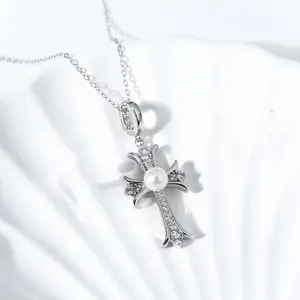 TK081 5-6mm Pearl Pendant with Genuine Fresh Water Pearls Cross Design & Crystal Accents from China Elegant Versatile Jewelry