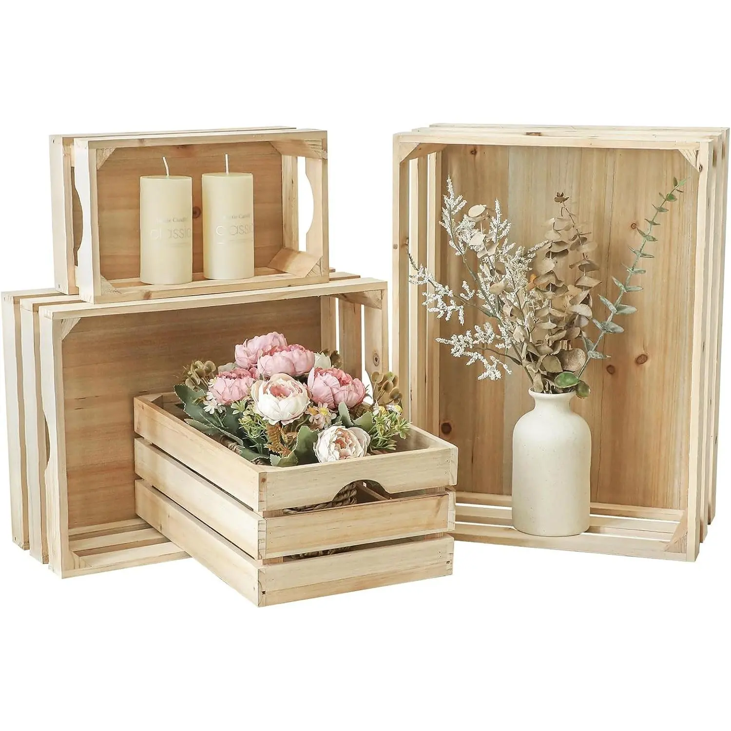 Large Wooden Crates Unfinished Set of 4 Storage Crates, Decorative Wood Storage Crate for Display Rustic, Nesting Wooden Container Boxes Made from 100% Wood