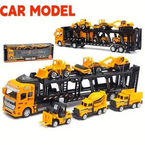 King of Trucks Alloy Toy Set 12.6-inch Semi-Trailer Truck with 6 Miniature Construction Vehicles for Kids Over 3 Years Old Perfect Birthday Gift