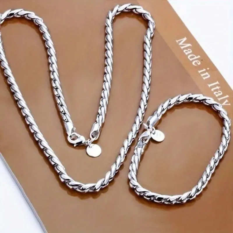 Women's 2-Piece Matching Pair Foxtail Chain Jewelry Set - 925 Real Silver & Zinc Alloy Necklace, 925 Real Silver Bracelet for Daily, Party Wear, Two Piece Set
