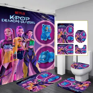 4-Piece Modern Bathroom Curtain Set, Colorful Background Shower Curtains, Includes 12 Hooks, Non-Slip Toilet Mat & U-Shaped Seat Cover