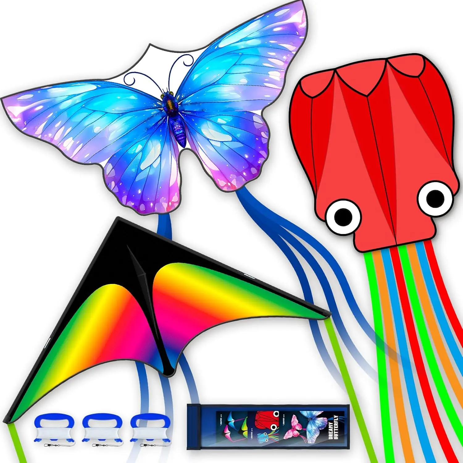 Unisex 3-Piece Polyester Kite Set - Lightweight Butterfly, Delta, Octopus Designs (Gradient Grassland Rainbow, Red Octopus, Blue Dreamy Butterfly) - Built to Last, Easy to Fly for Family Fun Outdoor Sports, Octopus Kite, 28*158 Inches
