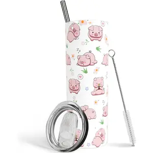 Pig Tumbler With Lid and Straw 20 Oz Insulated Stainless Steel Skinny Tumbler Unique Pig Gifts for Pig Lovers Women Travel Coffee Mug