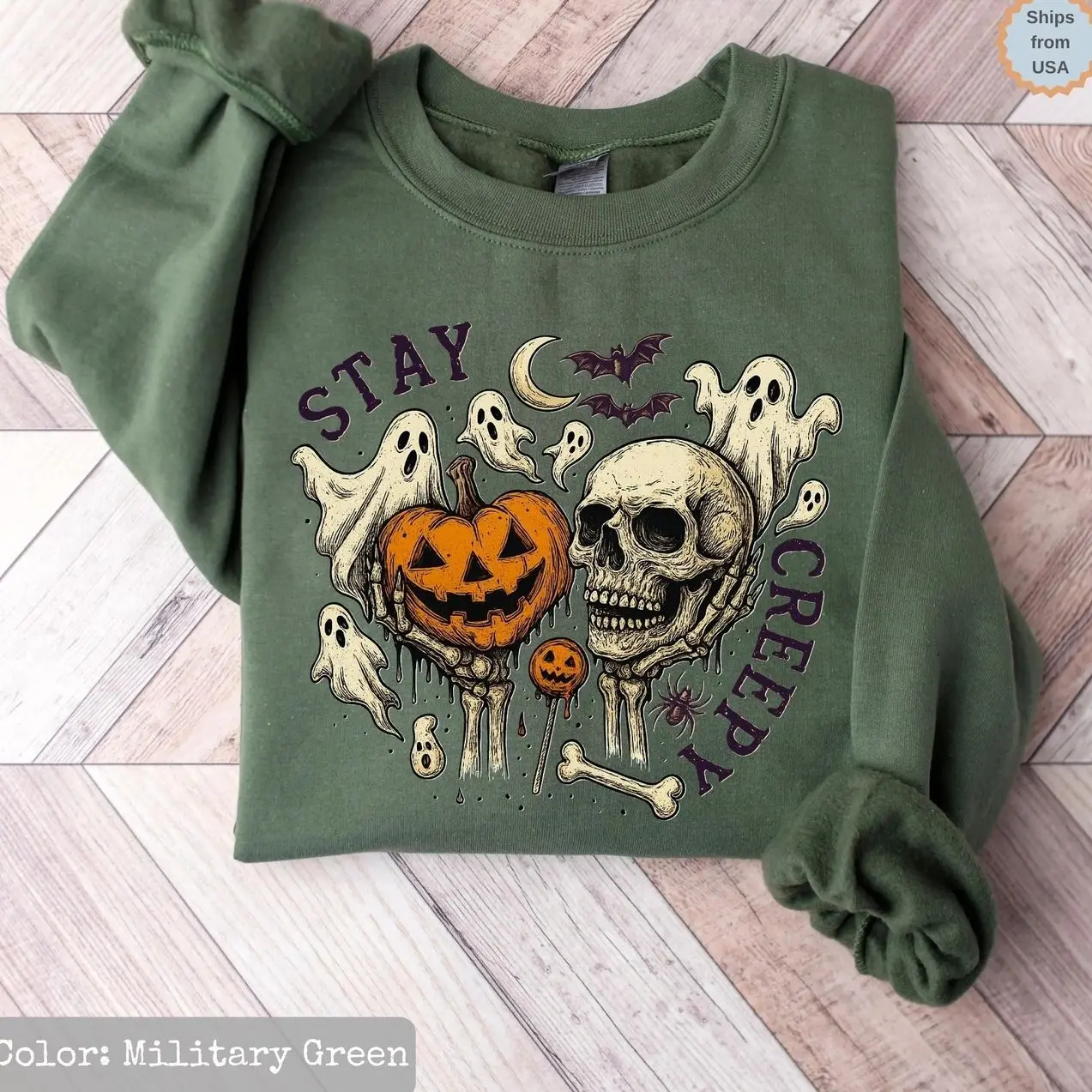 Stay Creepy Sweatshirt, Cute Skeleton Hands Sweatshirt, Womens Halloween Sweatshirt, Funny Halloween Outfit, Spooky Season Crewneck, Skull Graphic Sweatshirt, Retro Halloween Shirt, Gift for Halloween Lovers, Cozy Autumn Apparel, Spooky Vibe Sweater