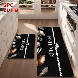 2/3pcs Soft Flannel Kitchen Mat Set, Retro Spoon & Woven Rope Pattern, Non-Slip, Absorbent, Home Decor,Black