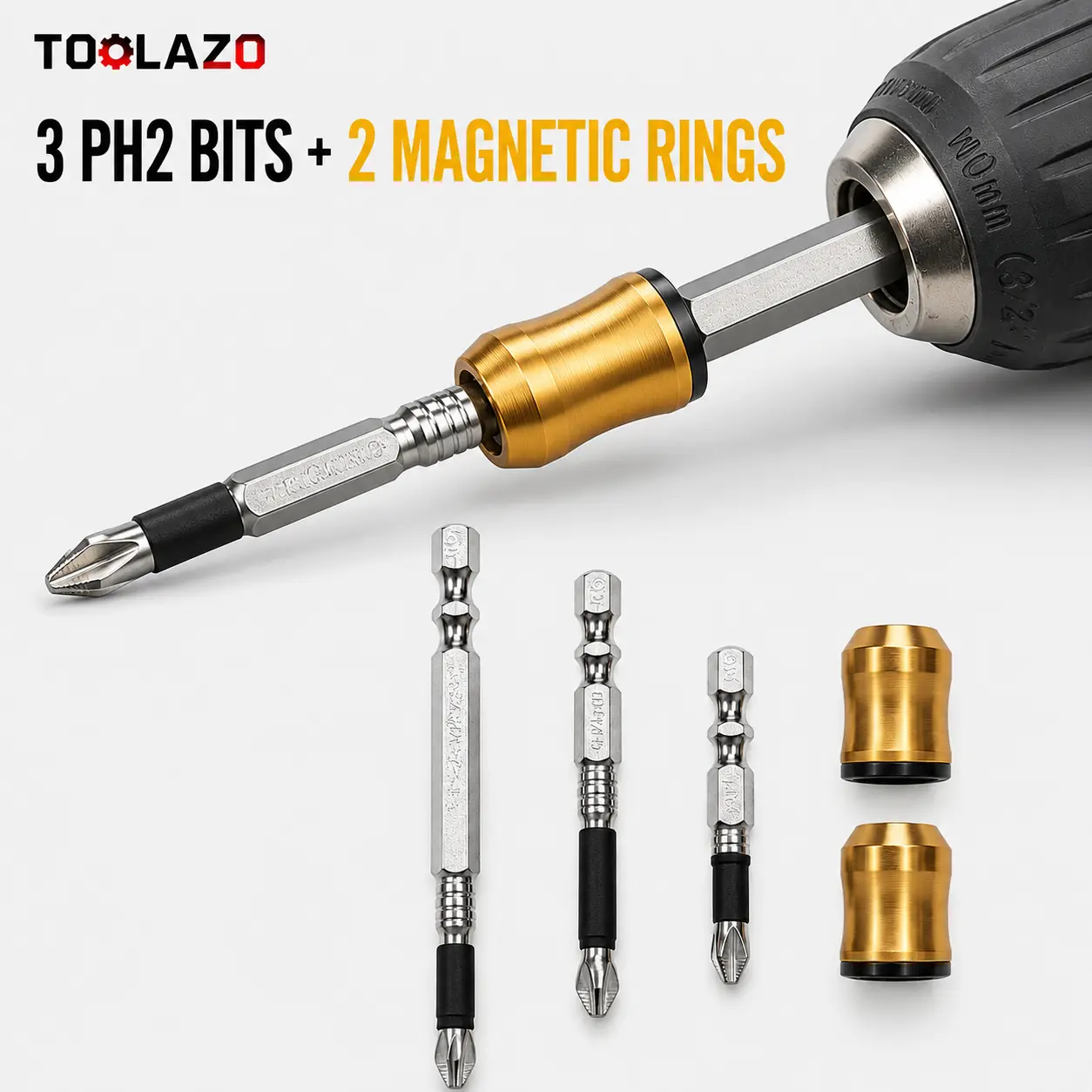 TOOLAZO 4pcs Magnetic Screw Holder Set - 3 PH2 S2 Steel Hex Shank Screwdriver Bits, 1/4 in Hex Guide for Power Drills, 50/70/100mm Bit Holders for DIY Users, Cabinet Installation, Home Improvement
