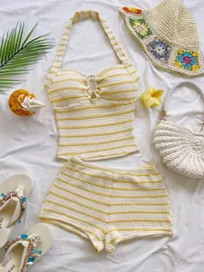 Women's 2-Piece Set Striped Ruched Backless Top and Shorts, Casual, Comfortable and Stylish, Perfect for Daily Wear, Womenswear
