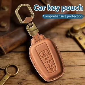 Genuine Leather Key Fob Cover for Toyota Rav4 Highlander Camry Avalon 4Runner Corolla Prius 2018 - 2024 Car Key Case Holder with Keychain