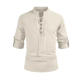 AYJKSEVEN Men's Renaissance Long Sleeved Shirt Pirate Medieval Cotton Shirt Hippie lace up top Vintage Menswear