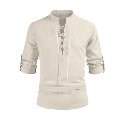 AYJKSEVEN Men's Renaissance Long Sleeved Shirt Pirate Medieval Cotton Shirt Hippie lace up top Vintage Menswear