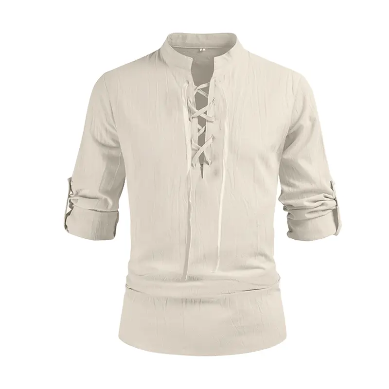AYJKSEVEN Men's Renaissance Long Sleeved Shirt Pirate Medieval Cotton Shirt Hippie lace up top Vintage Menswear