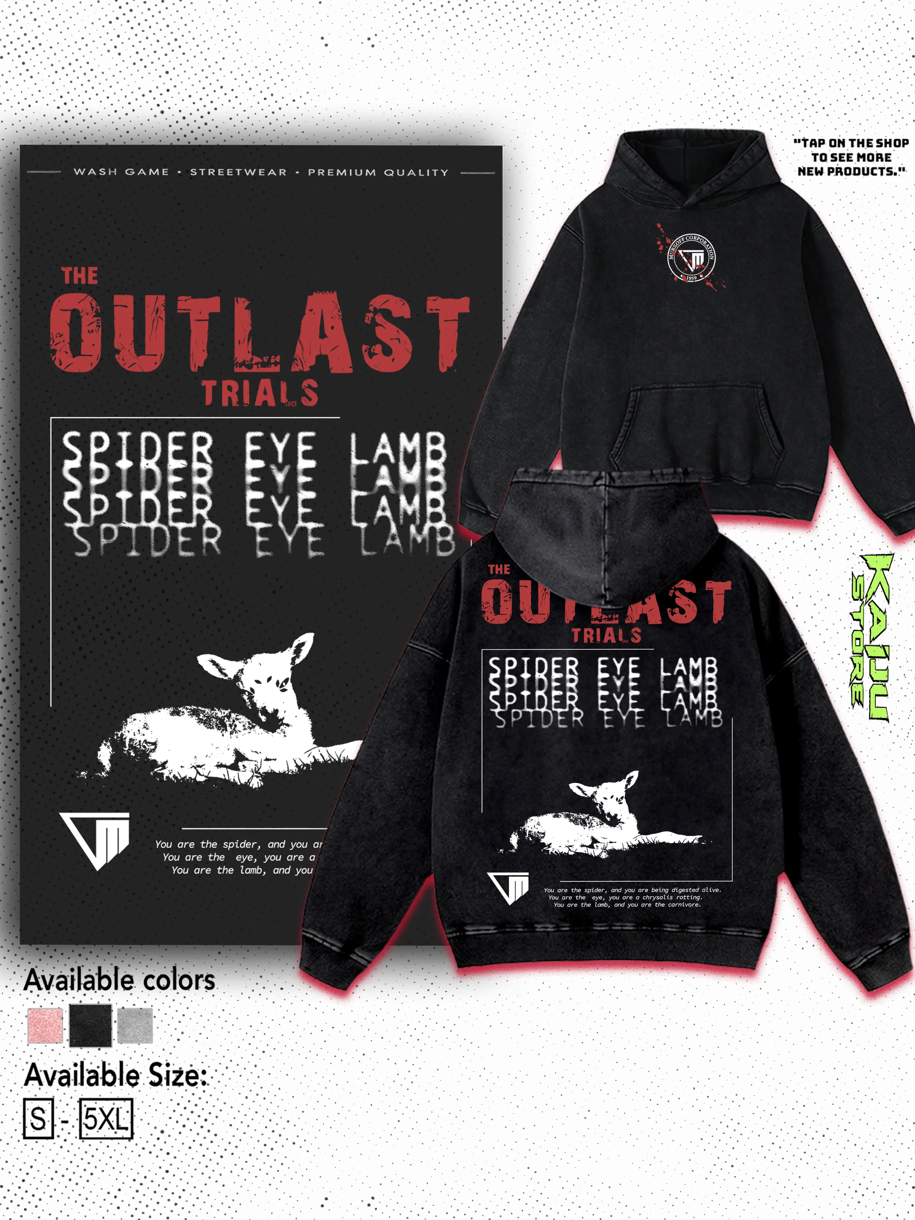 The Outlast Trials SPIDER EYE LAMB Washed Hoodie , Video Games Horror Vintage Graphic Tee, Game Fan, Streetwear Tops Black Fabric Menswear Cotton