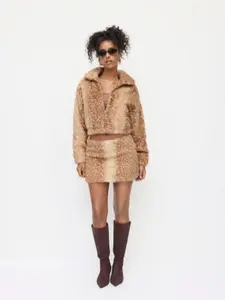 Cider Faux Fur Deer Print High Neck Zip Through Jacket & Faux Fur Low Rise Animal Print Half Zip Mini Skirt