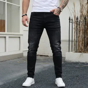 Men’s Black & Gray distressed slim jeans — slimming casual long pants for men