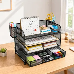 Black Mesh Desk Organizer, 4-Tier Letter File Organizer with 2 Pen Holders for Office Organization & Storage