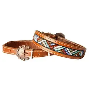 Leather Dog Collar Beaded Inlay Red, White, Periwinkle, Mint, & Gold