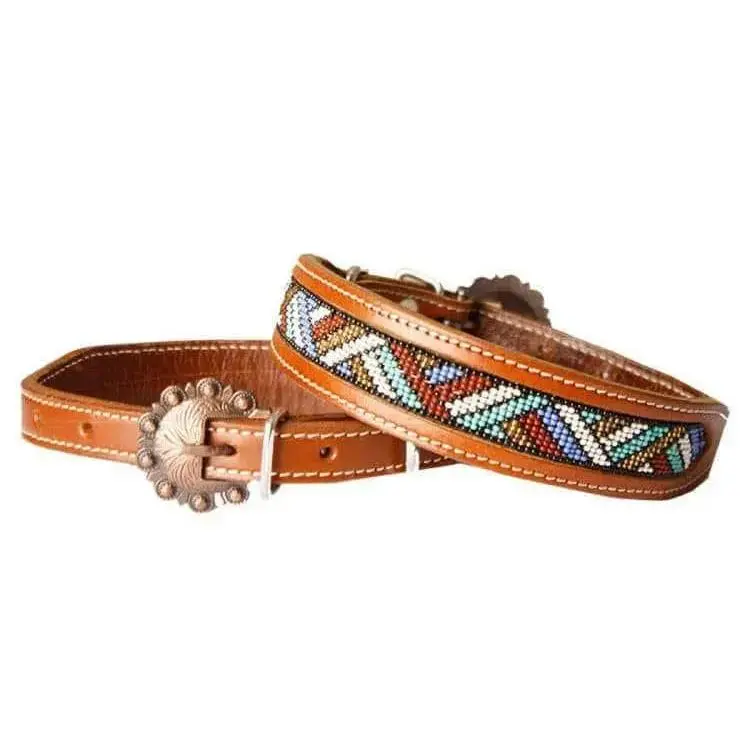 Leather Dog Collar Beaded Inlay Red, White, Periwinkle, Mint, & Gold