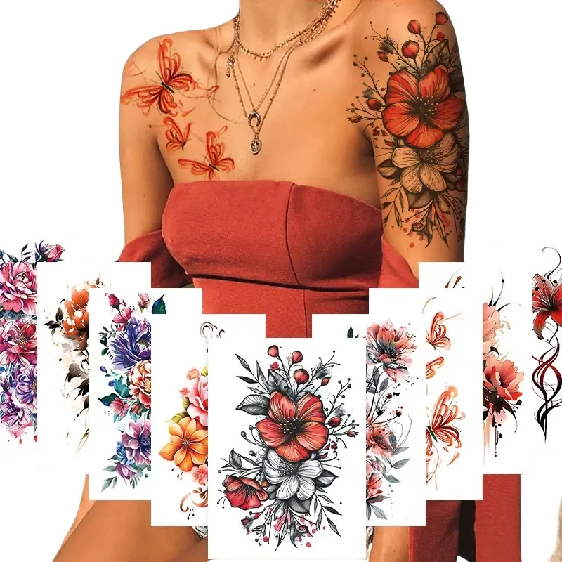 9 Sheets Temporary Tattoos for Women Adult, Realistic Flowers Half Arm Sleeve Tattoo, Waterproof Fake Tattoos, Semi Permanent Sexy Red Flower Tattoo Long Lasting