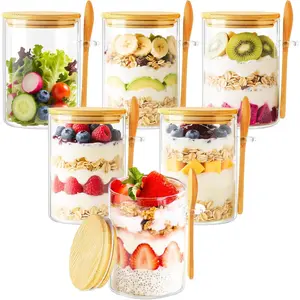 6 Pack Overnight Oats Containers with Lids and, 16oz Jars with Bamboo Lids, Airtight Meal Prep Yogurt Containers for Breakfast, Parfait, Salad, Chia Pudding