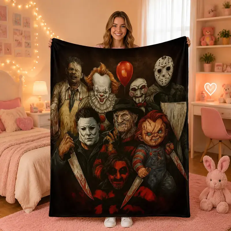 Classic Horror Movie Villains Printed Flannel Throw Blanket, Super Soft & Cozy Fleece Gothic Blanket for Sofa Bed Couch, Great Halloween Gift for Horror Fans