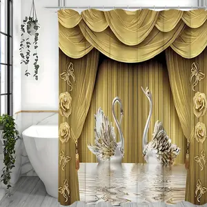 1pcs Golden Floral Swan Printed Shower Curtain Set, Waterproof Bathroom Partition Curtain With Hooks,Bathroom Accessories, Aesthetic Room Decor window removable weight hotel style supply pattern bathroom decorationGolden180*180Cm home decoration Layer