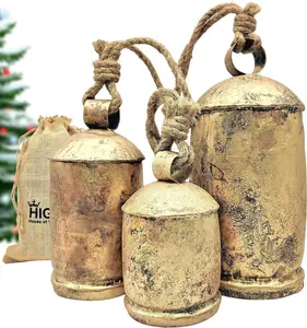 Set of 3 Giant Harmony Cow Bells Huge Vintage Shabby Chic Handmade Rustic Lucky Christmas Hanging XL Bells On Rope Country Rustic (Extra Large)