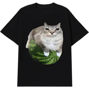 Funny Watermelon Cat Graphic Tee - Men's Oversized Vintage T-Shirt, Soft Cotton Streetwear, Short Sleeve Gift Top