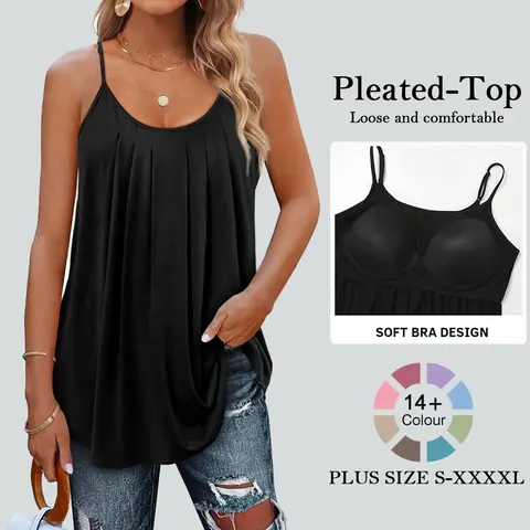 Women's Basic 2-in-1 Swing Tank Top with Built-in Bra, Adjustable Straps, Flowy Viscose Fabric, Multicolored Casual Curvy Women Plus Size Curvy Clothing for Holiday, Women's Clothes