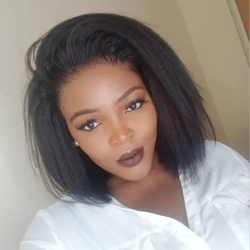 Glueless Kinky Straight Human Hair Wig Pre Cut Lace 6x4 Lace Wigs Yaki Straight 100% Human Hair Wigs Transparent Lace Closure Wig Baby Hair Around Natural Hair Line 180 Density