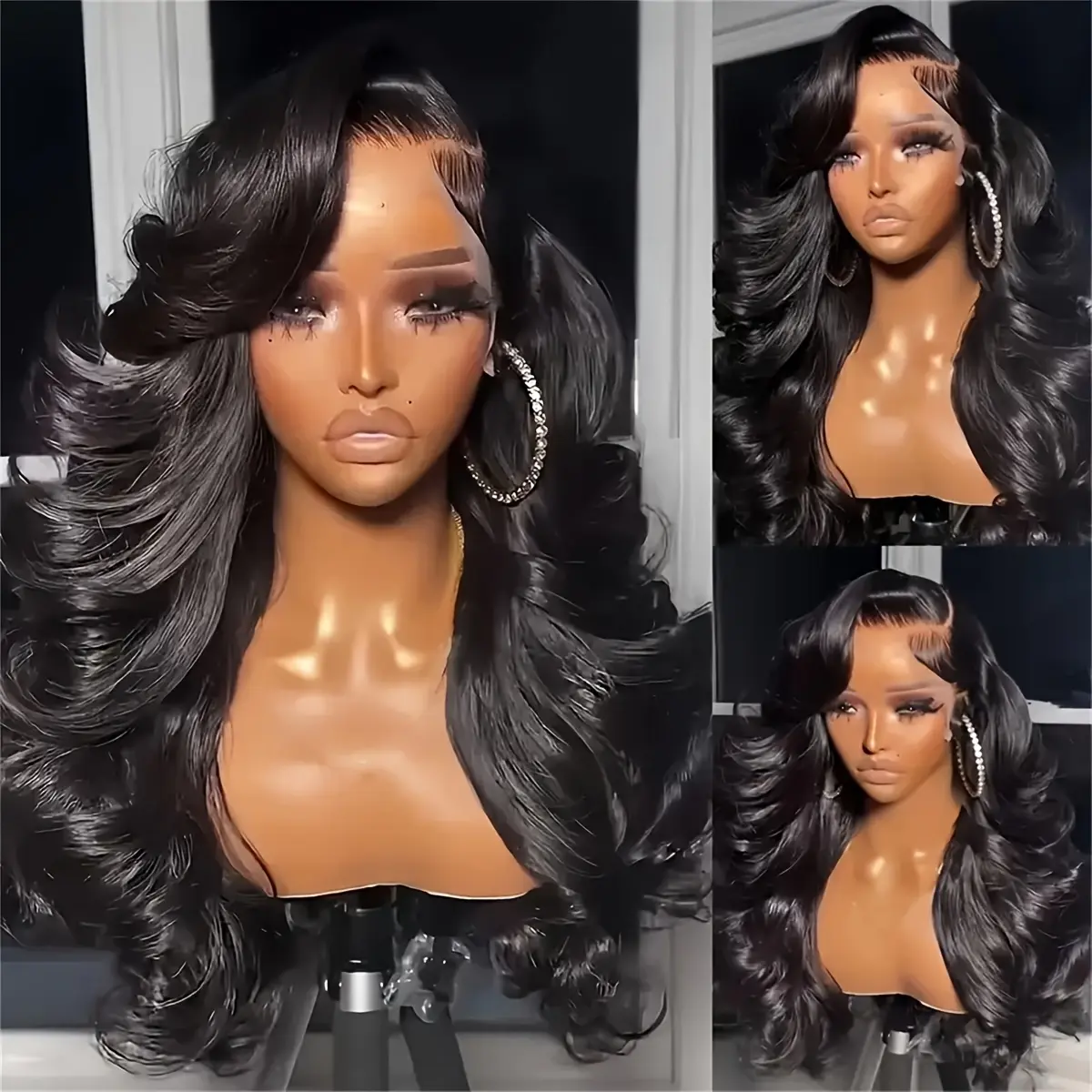 Female 2026 Fashion Human Hair Full Machine Long Wig - 13x4 HD Lace Front, 200 Density, 1B Black, Glueless Pre-Plucked, Heat Resistant, Daily Wear Beauty Accessory