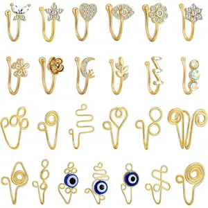 25 Count Multi-Style Fake Nose Rings for Women and Men -Gold Plated Copper African Nose Cuff Non Piercing for Teen Grirls - Nice Gift for Her on Birthday/Valentines Day/Christmas