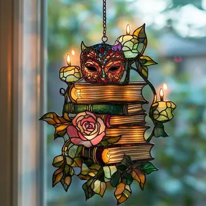 ACOTAR Masked Book Stack Acrylic Suncatcher, Faux Stained Glass Window Hanging for Fantasy Romance Lovers and Night Court Decor