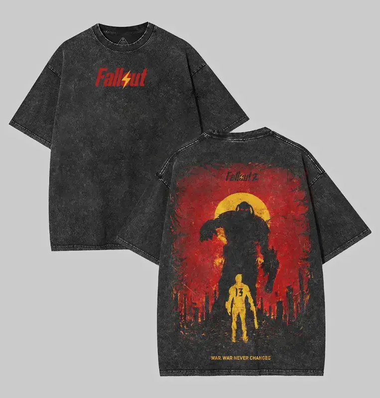 Vintage Fallout 2 Merch Men's Wash Unisex Oversized Game Shirt, Fallout Fan Gift, gamer gift, Casual graphic Cotton Shirt, Streetwear Tropical Top