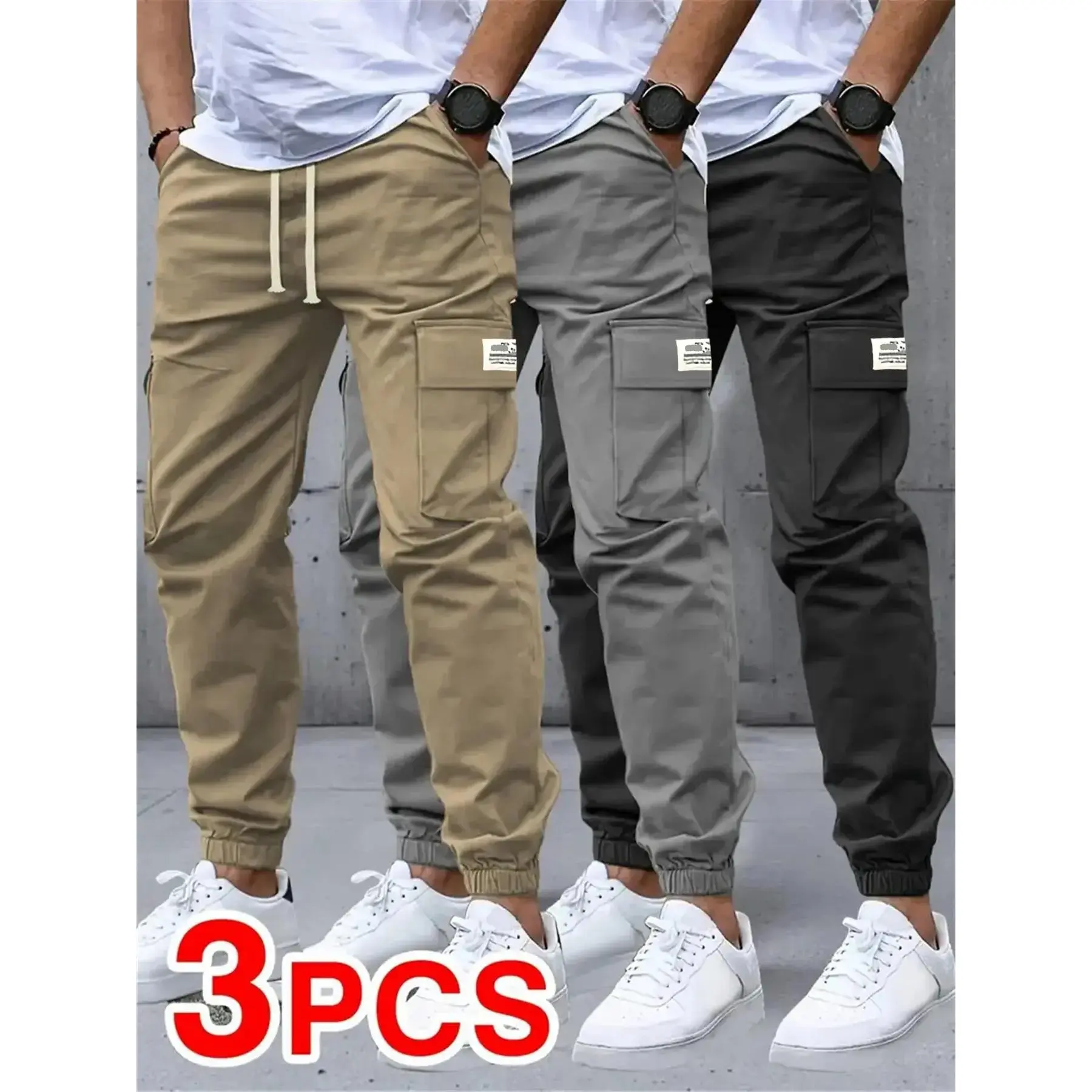 Men's Woven Baggy Cargo Pants with Drawstring Waist and Multiple Pockets, Solid Color 3-Pack for Casual Outdoor Wear, Men's Pants, Solid Color Pockets, Khaki/Gray/Khaki