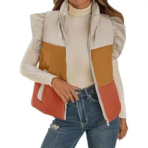 Tankaneo Womens Puffer Vest Ruffle Sleeveless Zip Up Quilted Jacket Color Block Winter Warm Padded Gilet Coats