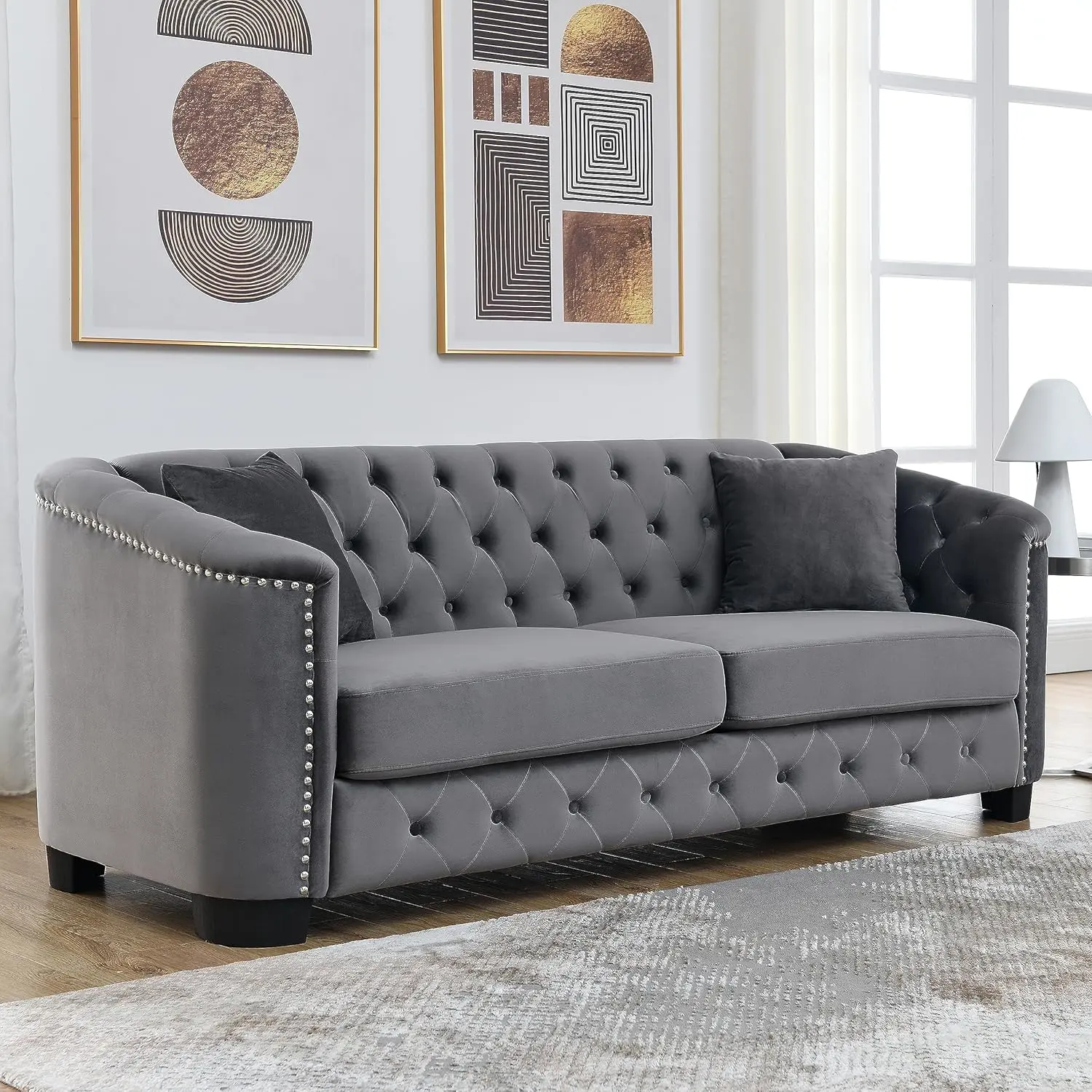 77" Classic Chesterfield Velvet Sofa - Retro Upholstered Couch with Nailhead Arms, Tufted Backrests, 2 Cushions, Sturdy Versatile & Family-Friendly Design, 17in Seat Height for Friends, Living Room Decor