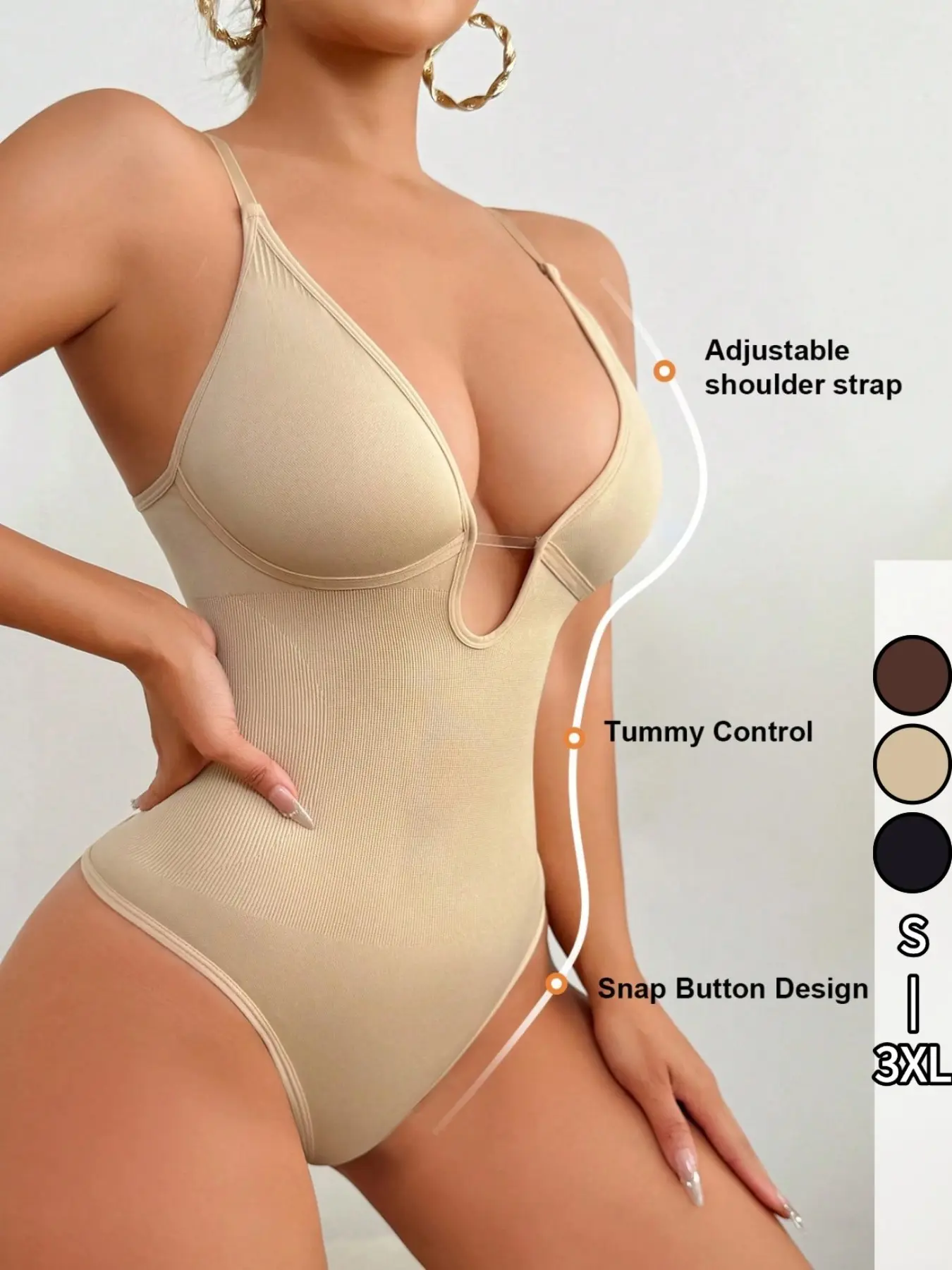 Women's Seamless Compression Fit Shapewear Bodysuit, Thong Bottom Slimming Bodysuit, Tummy Control Compression Waist Trainer, Comfortable Casual Daily Wear, V-Neck, Wedding, Dress, Adjustable