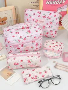 Cute Strawberry Pattern Makeup Bag, Large Capacity Travel Cosmetic Tote, Multi-Functional Storage Pouch, Stylish Eyeglasses Case & Travel Wash Bag, Travel Cosmetic Bags